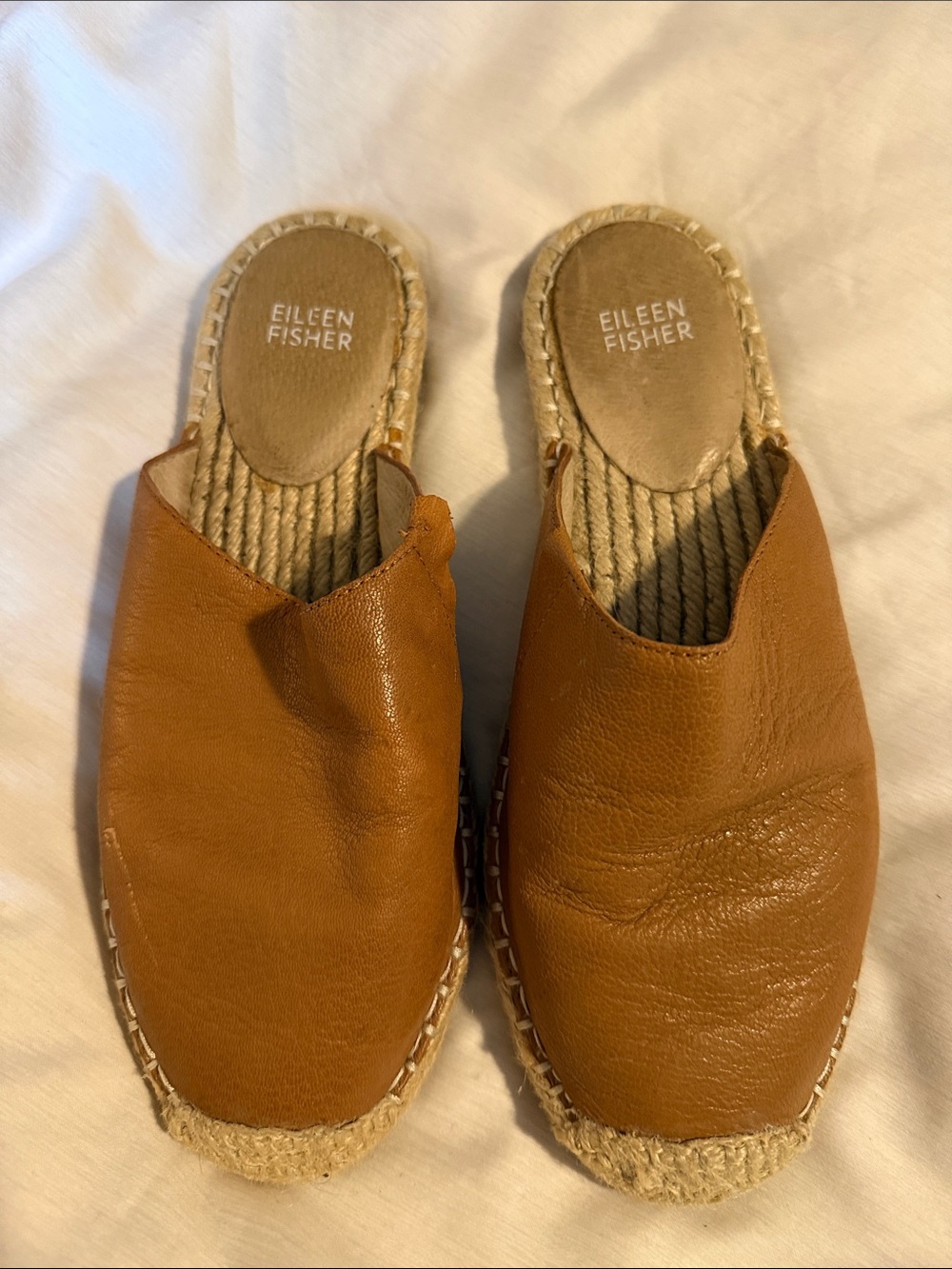 Eileen Fisher Cognac Leather Espadrille Mule Slides